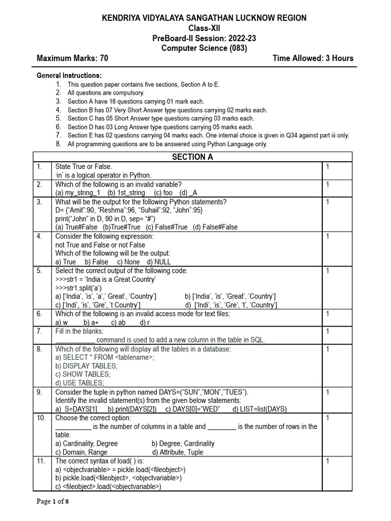 KV PRE BOARD 2 2022-23 | PDF | Table (Database) | Sql