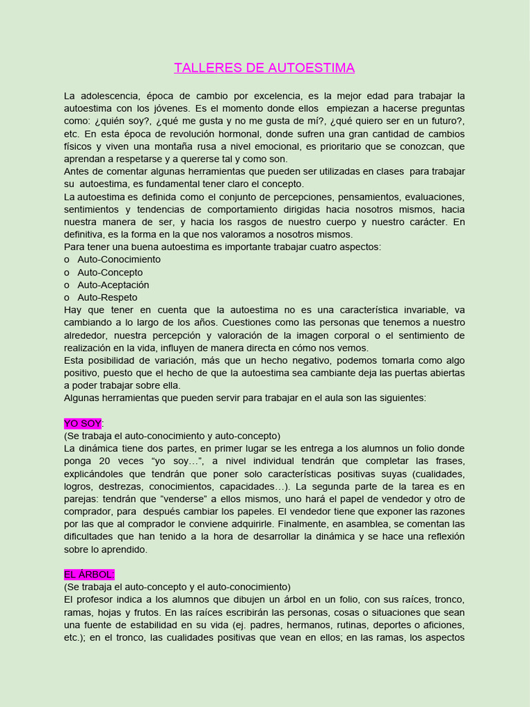 Talleres de Autoestima para Adolescentes | PDF | Autoestima | Ciencias ...