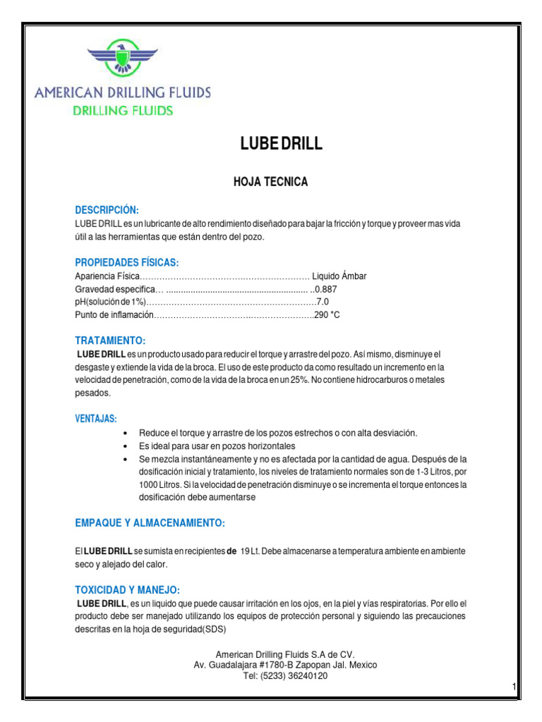 Lubricante LUBE DRILL para Perforación | PDF | Agua | Contaminación