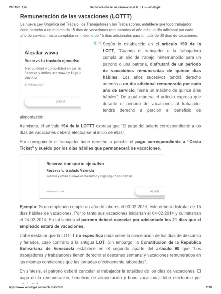 Remuneración de Las Vacaciones 1 (LOTTT) - Venelogía | PDF | Salario ...