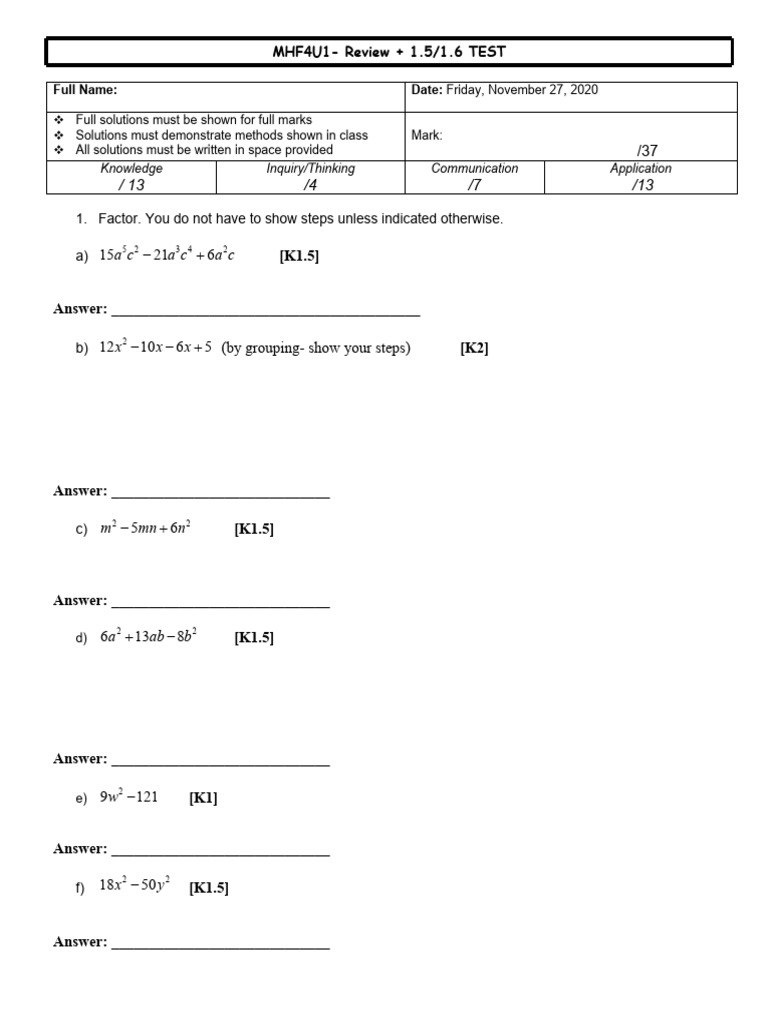 Advanced Functions - Chapter 1 Test | PDF