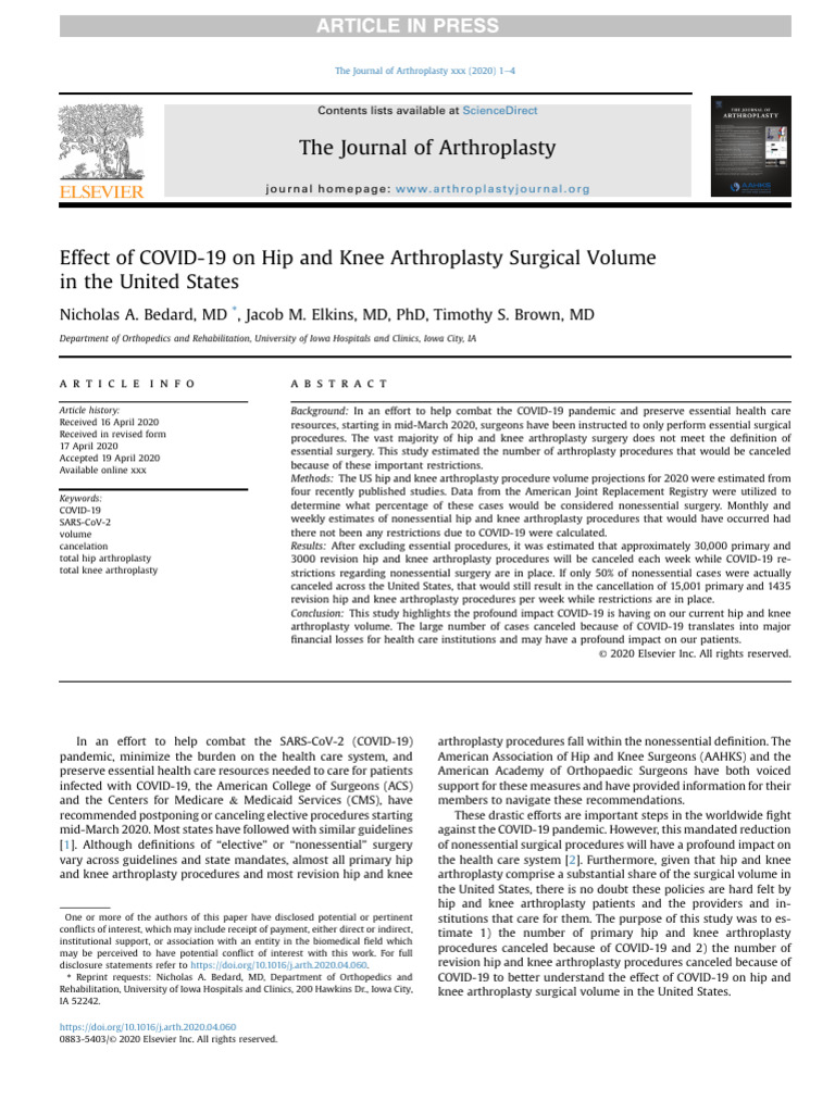 Elsevier Effect Of Covid 19 On Hip And Knee Arthroplasty Surgical