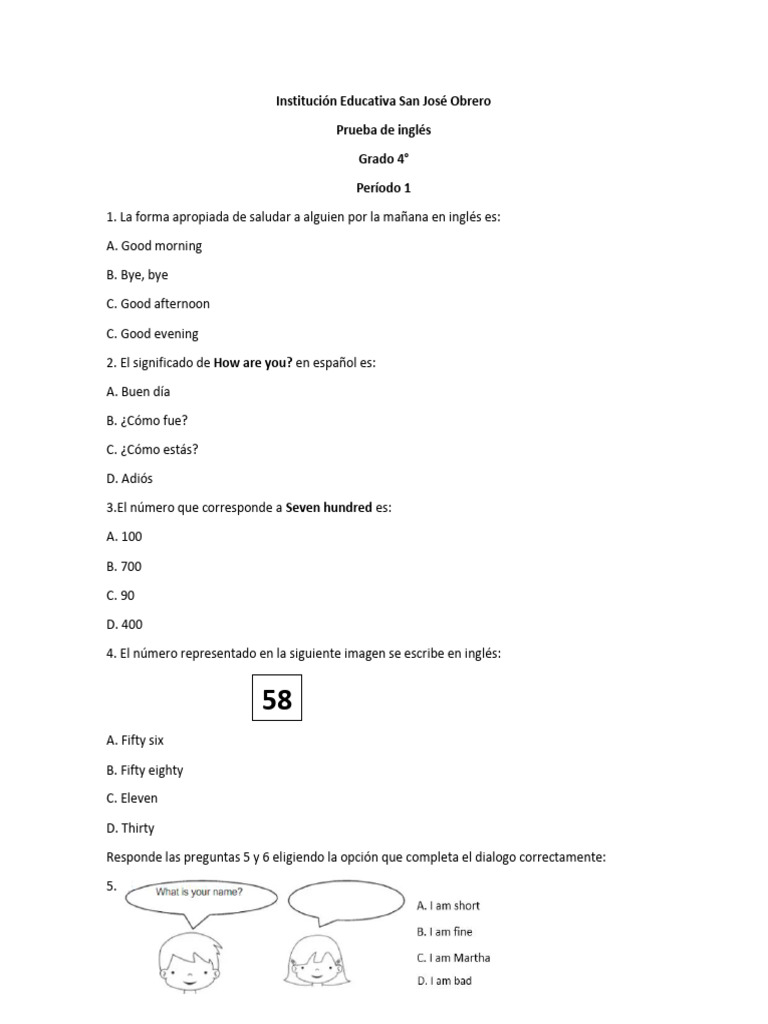 Prueba de inglés para 4° grado - Período 1 | PDF