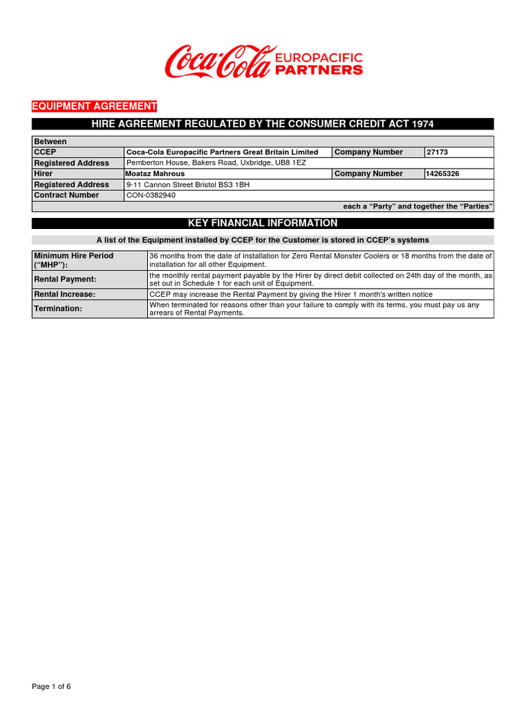 Coca-Cola Fridge Hire Agreement | PDF | Finance & Money Management ...