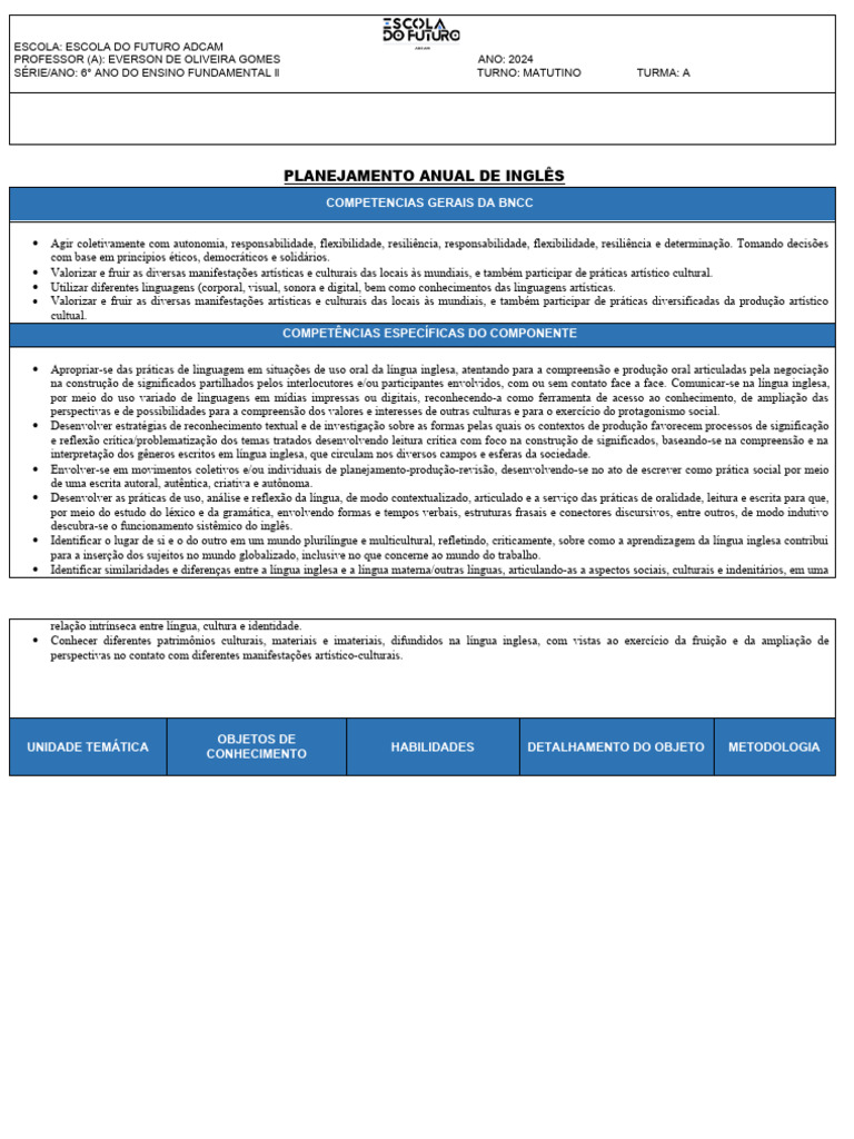 Planejamento Anual de Inglês 6º Ano | PDF | Língua inglesa | Livros