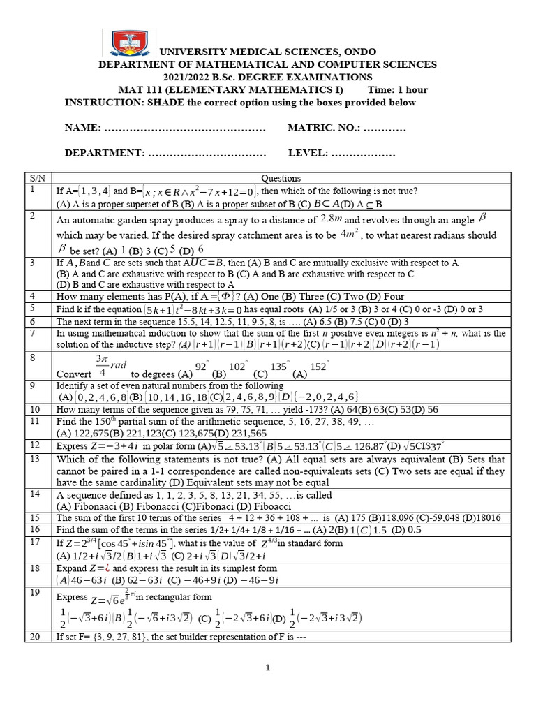 MAT 111 Exam Questions 2021/2022 | PDF | Mathematical Objects | Arithmetic