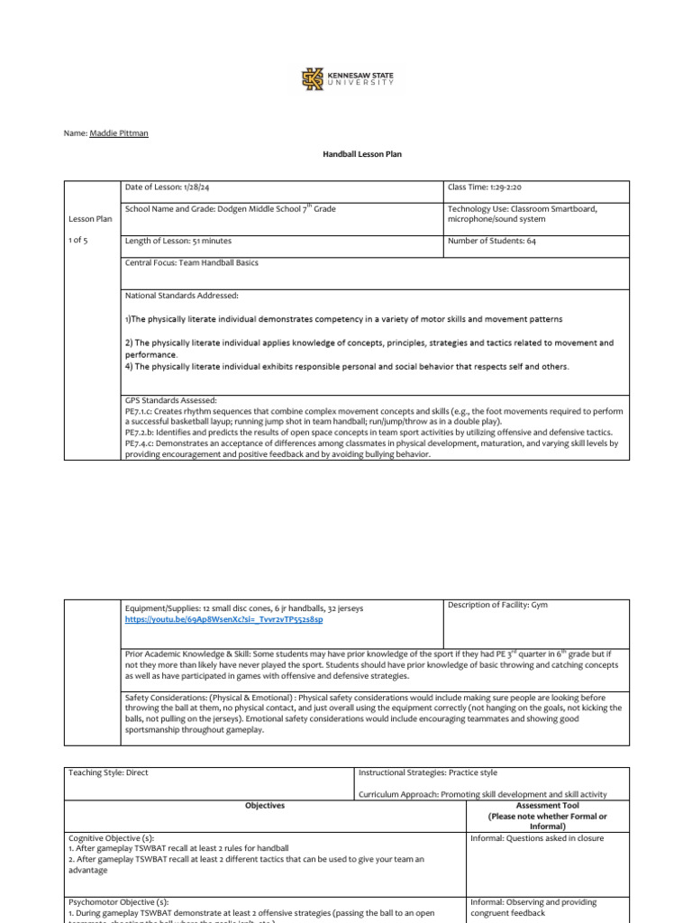 Team Handball Lesson Plans PDF Lesson Plan Physical Education