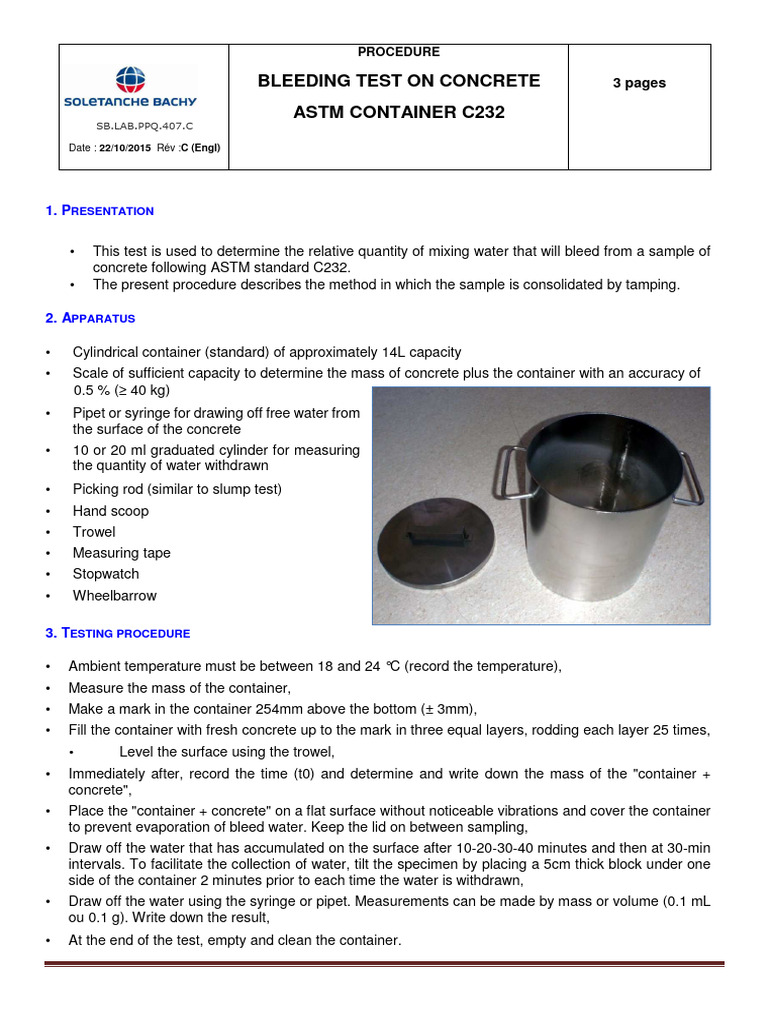 SB - LAB.PPQ.407.C Bleeding Test - ASTM | PDF | Concrete | Water