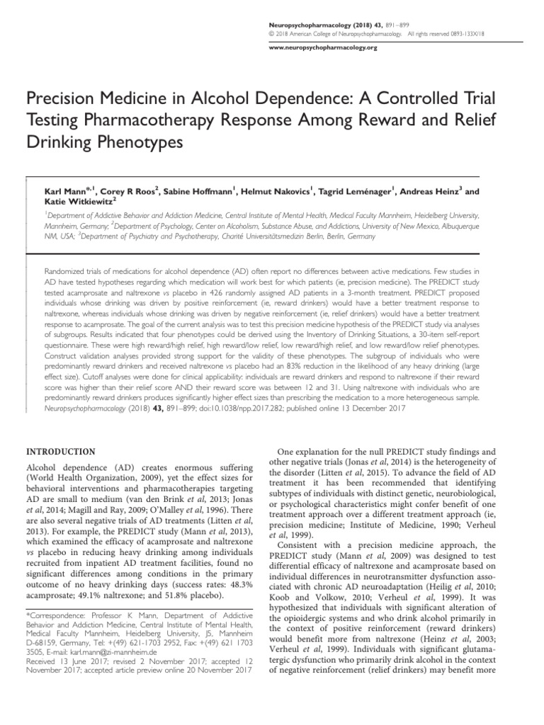 Precision Medicine in Alcohol Dependence A Controlled Trial Testing