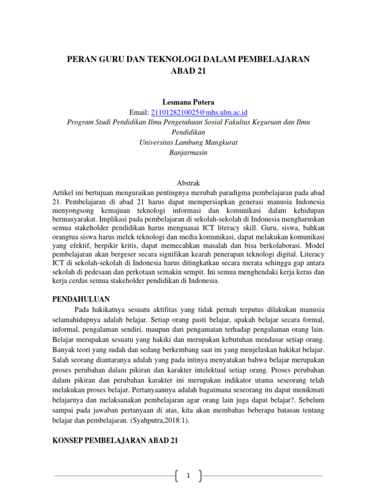 Peran Guru Dan Teknologi Dalam Pembelajaran Abad 21 Pdf