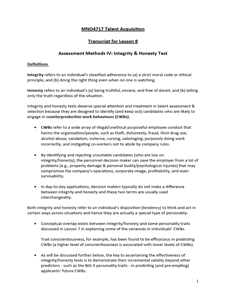 Integrity and Honesty in Talent Assessment | PDF | Drug Test | Validity ...