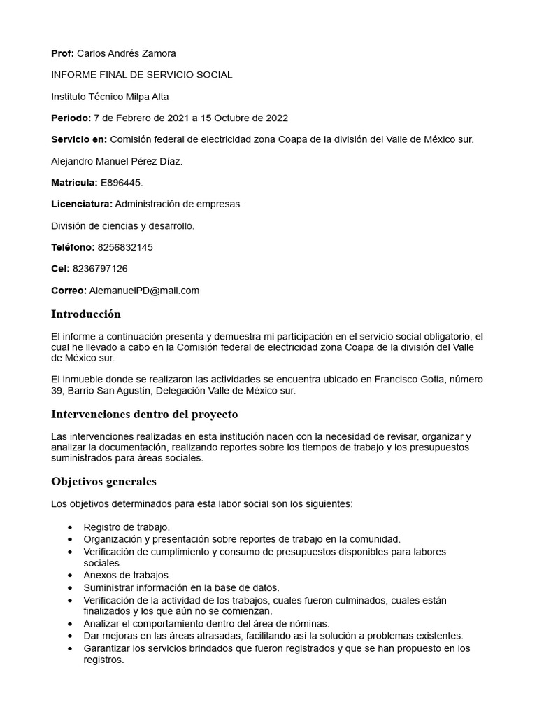 Informe Final de Servicio Social Administrativo | PDF | México