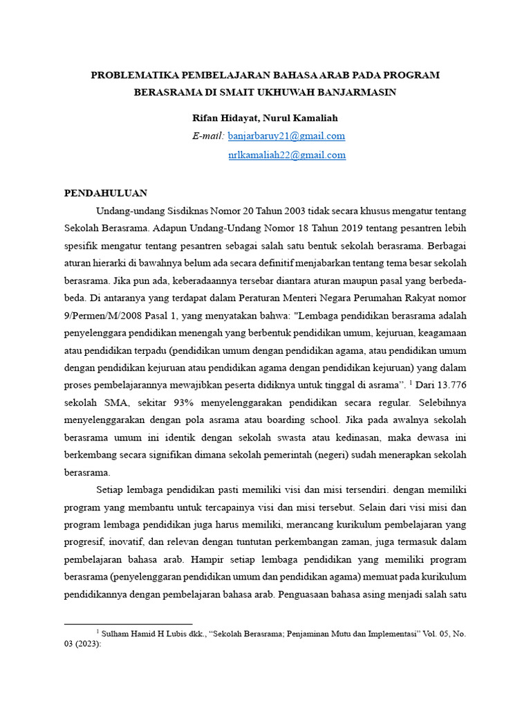 PROBLEMATIKA PEMBELAJARAN BAHASA ARAB DI SMAIT UKHUWAH BANJARMASIN