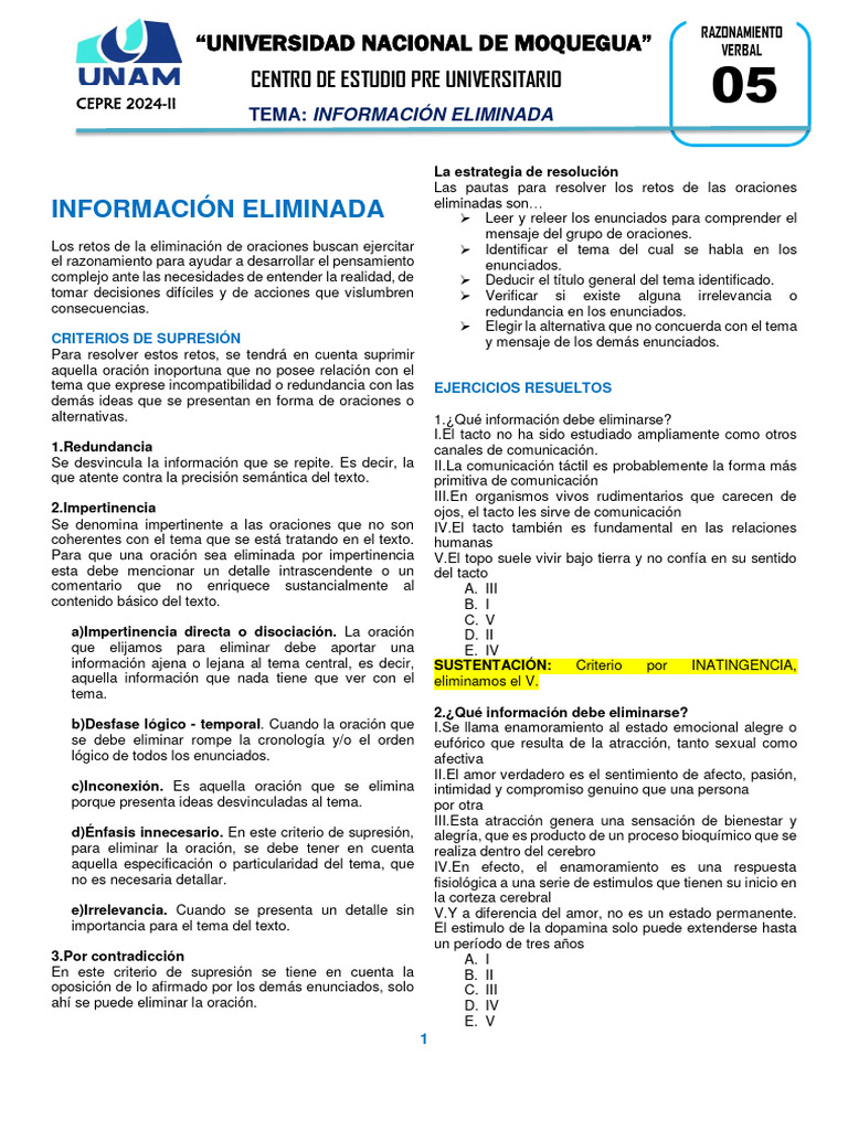 05 - Estudiante - Informac. Eliminada - Cepre Unam 2024 | PDF