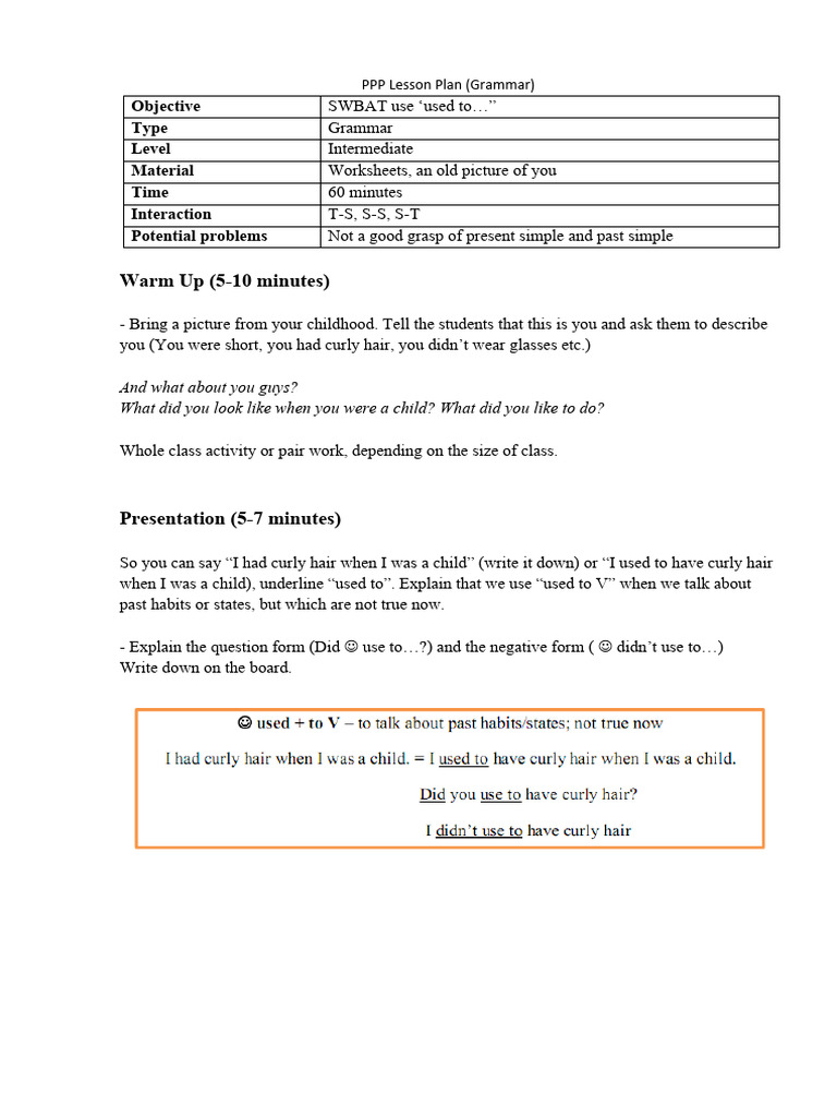 Intermediate Grammar Used To Lesson Plan Pdf