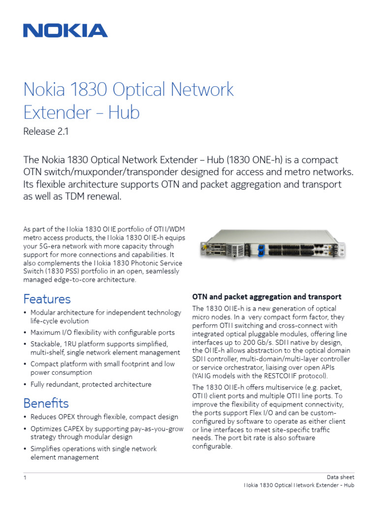 Nokia 1830 ONE-h Optical Network Extender | PDF | Wavelength Division ...