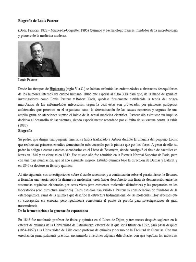Biografía de Louis Pasteur: Pionero Microbiología | PDF | Luis Pasteur ...