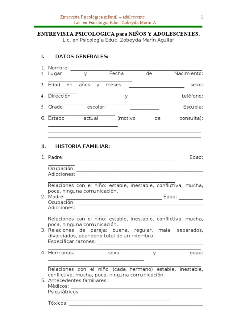 ENTREVISTA PSICOLOGICA para NIÑOS Y ADOLESCENTES