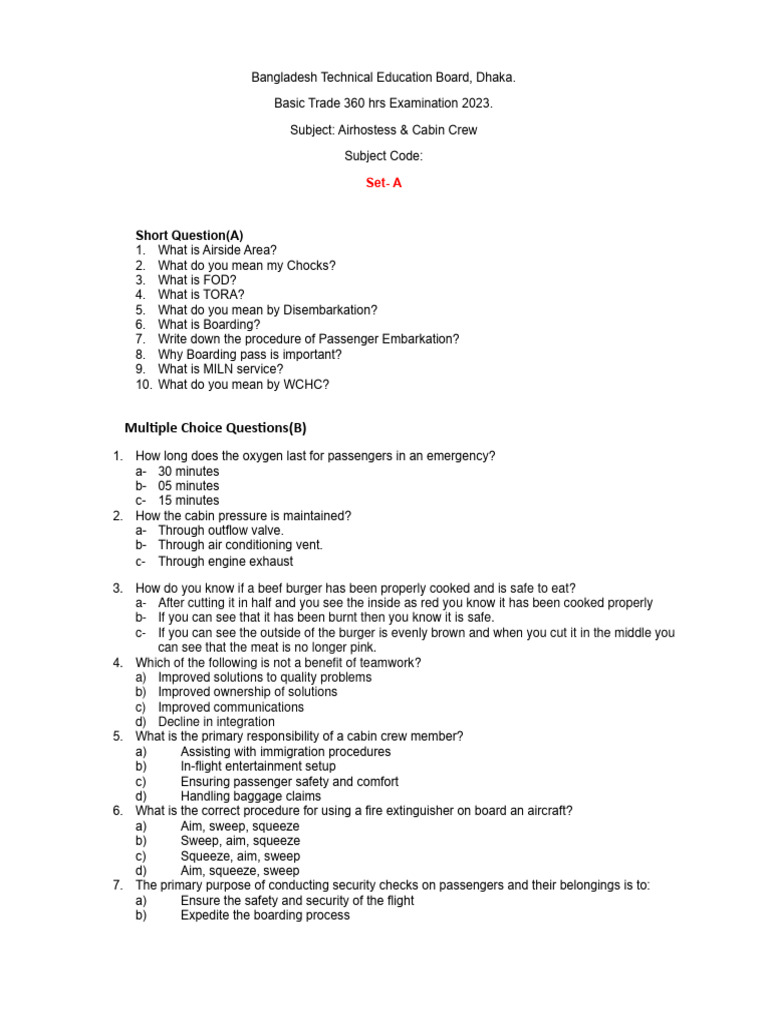Cabin Crew Exam Questions 2023 | PDF | Flight Attendant | Airport