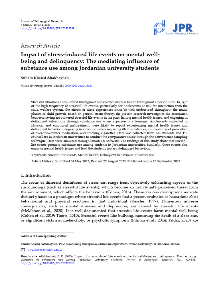 Impact of Stress Induced Life Events On Mental Well Being and ...