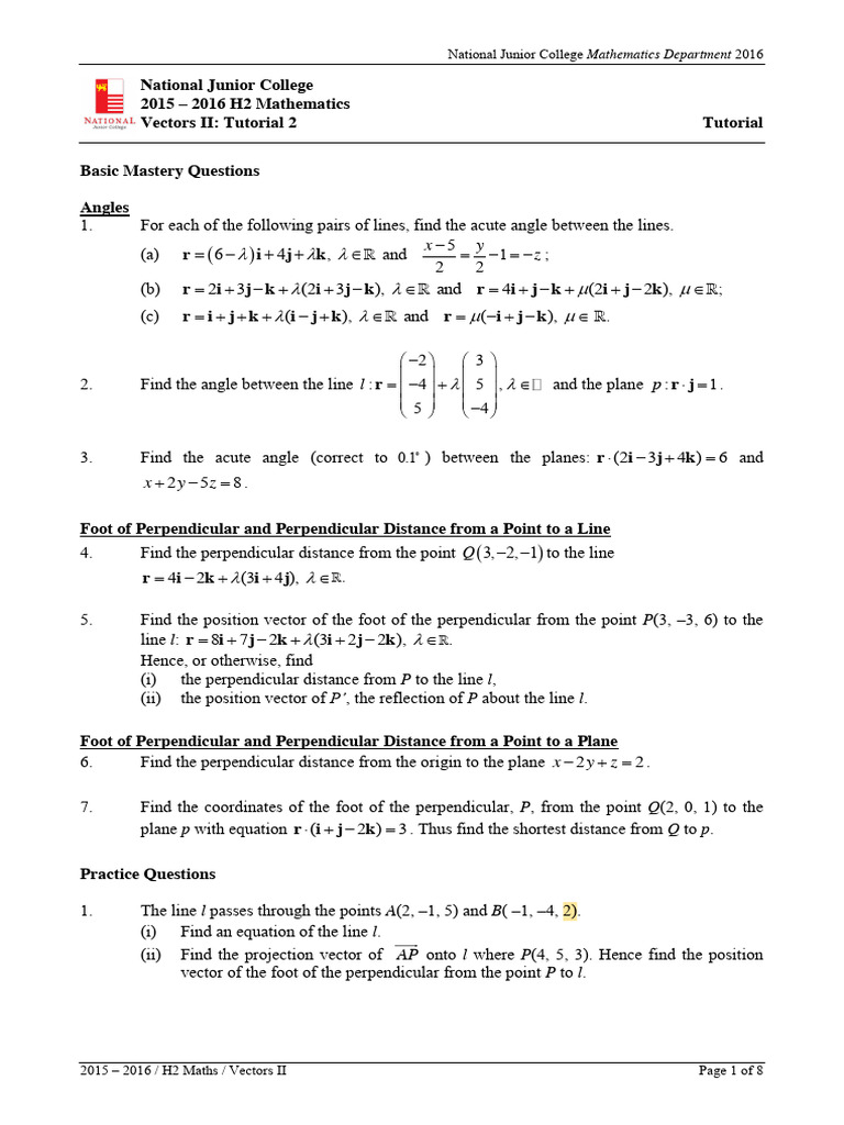 H2 Maths Vectors II Tutorial Questions | PDF | Perpendicular | Equations