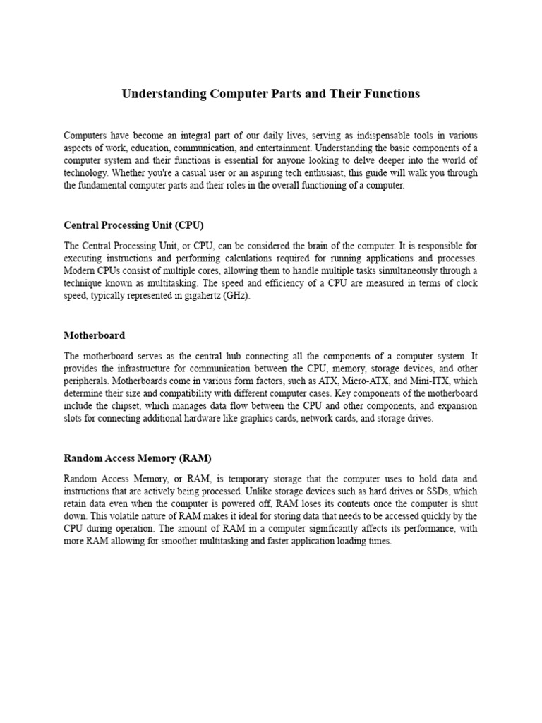 Understanding Computer Parts and Their Functions PDF Computer Data
