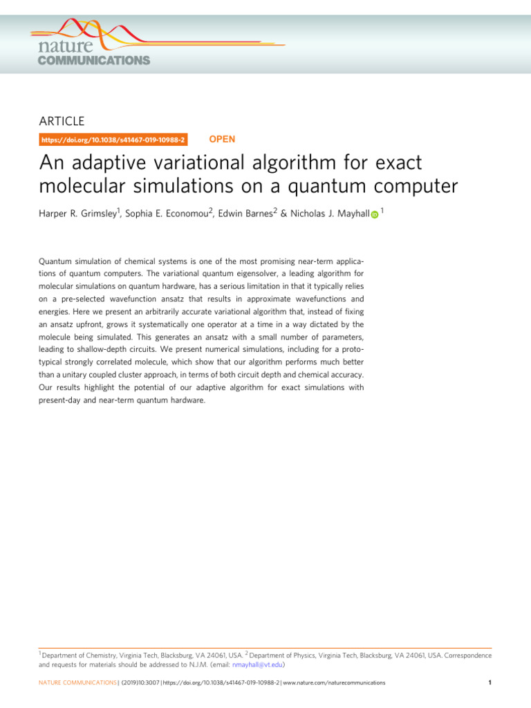 An Adaptive Variational Algorithm For Exact Molecular Simulations On A ...
