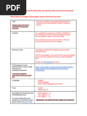 Matatag Curriculum Based Kindergarten Lesson Plan for Quarter 2 Week 1 Catch-Up Friday (Form)