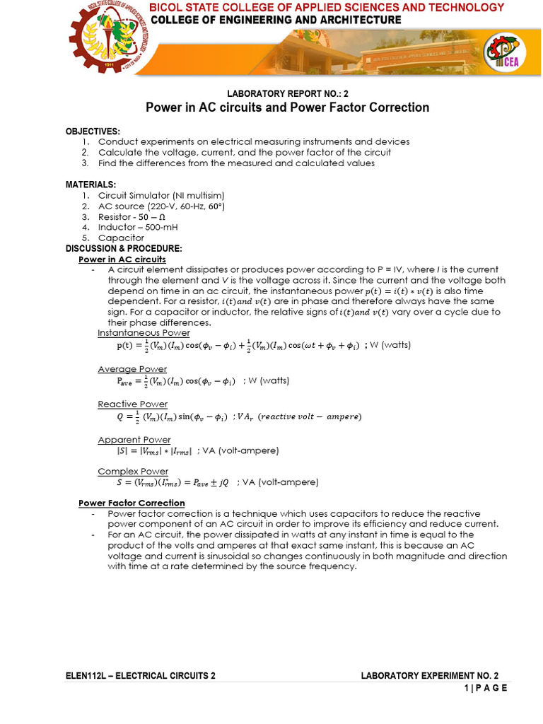 AC Circuit Power Factor Correction Lab | PDF | Electrical Network | Ac ...