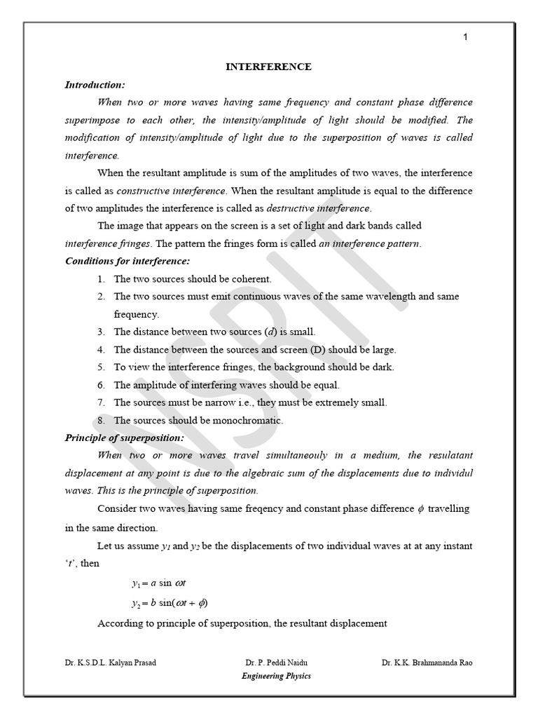 1 Interference Pdf Optics Waves