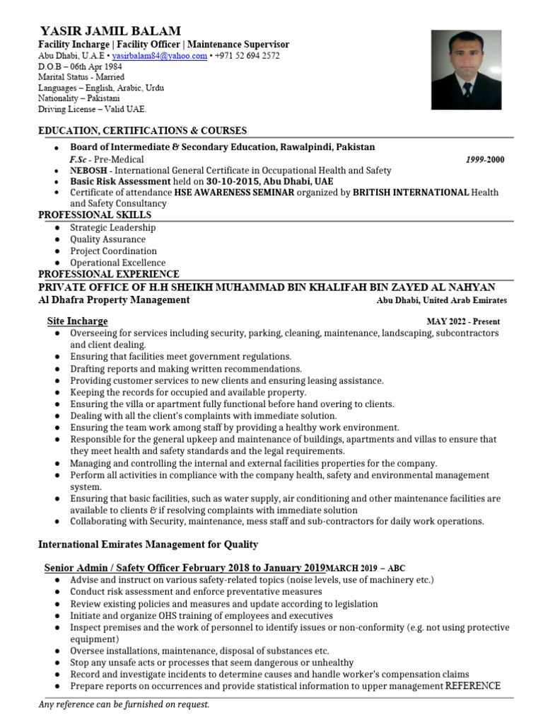 Yasir Jamil - Facility Incharge | PDF | Occupational Safety And Health ...