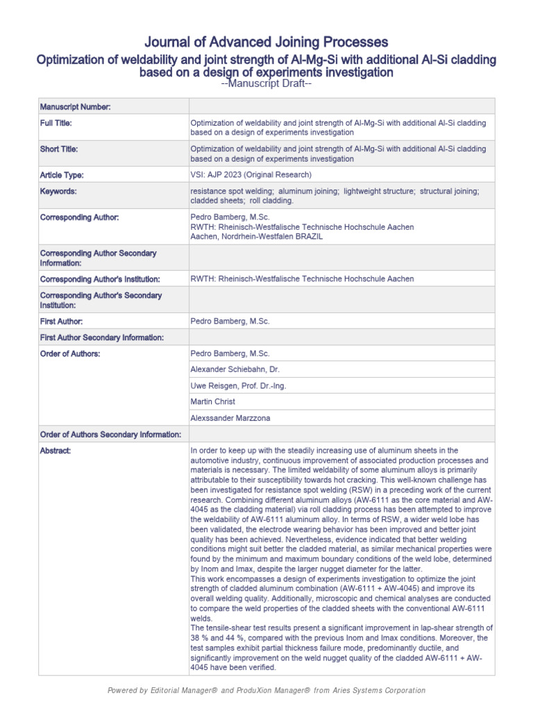 Journal of Advanced Joining Processes | PDF | Welding | Construction