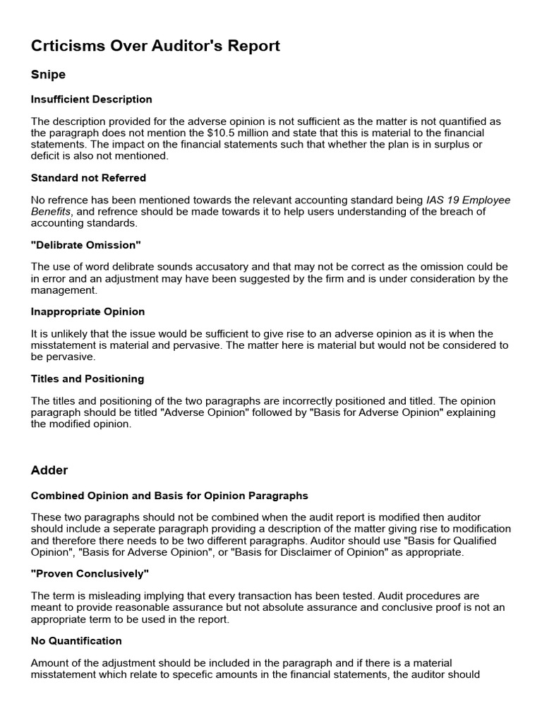 Critique of Auditor's Report Structure | PDF | Auditor's Report | Going ...
