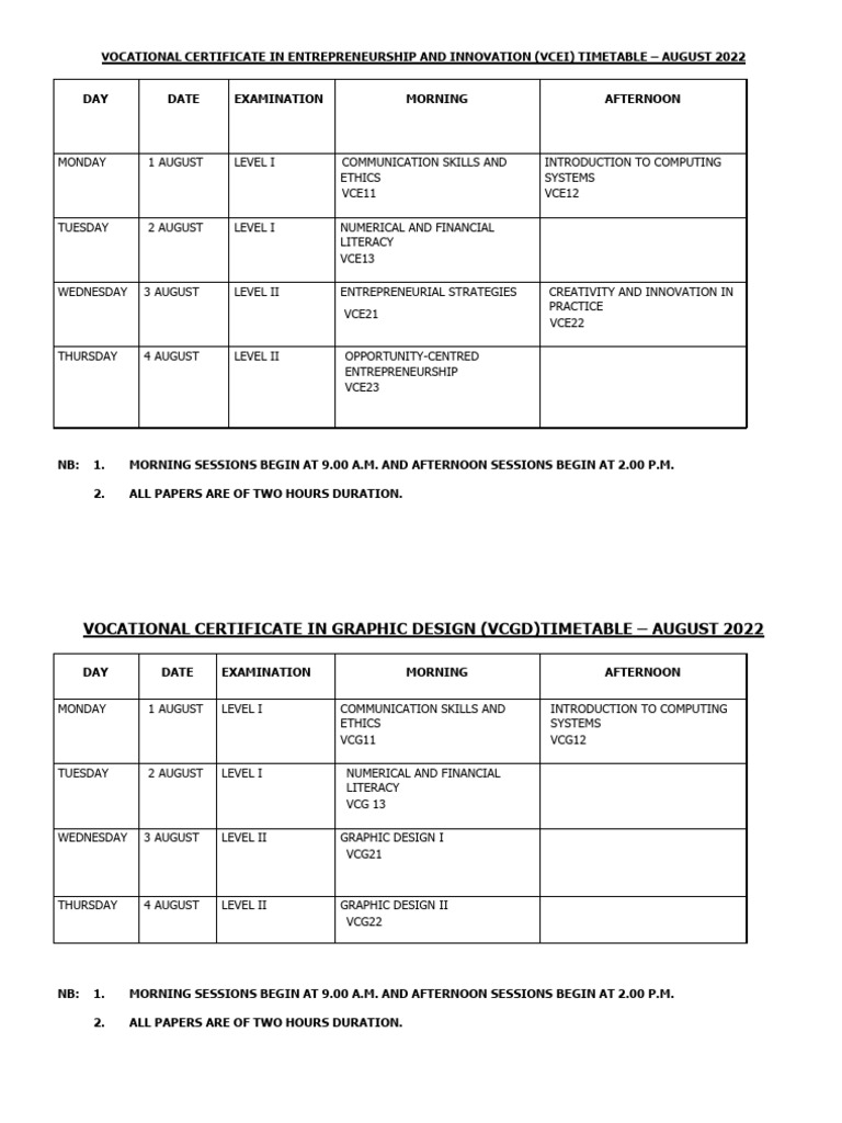 Examination Timetable Format