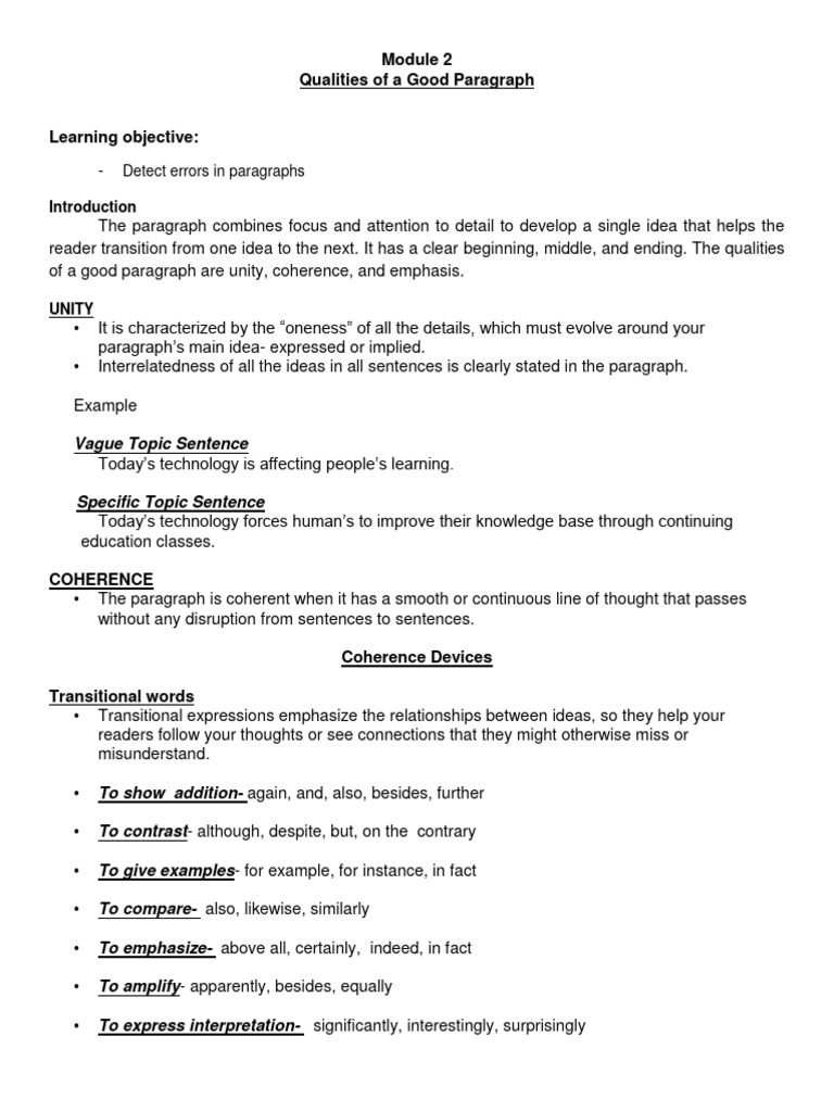 Module 2 Qualities of A Good Paragraph PDF Thought Paragraph