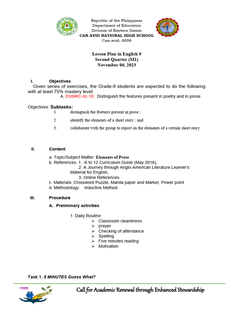 English 9 Lesson Plan: Prose Elements | PDF | Narration | Poetry