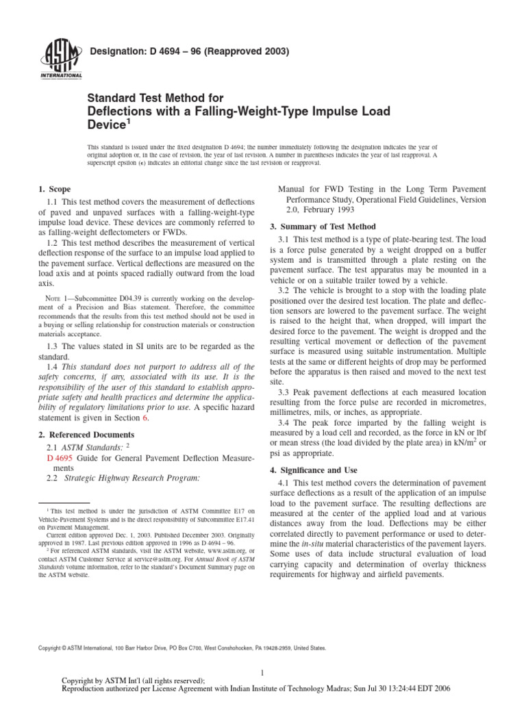 ASTM D 4694: Pavement Deflection Testing | PDF | Metrology | Physical ...
