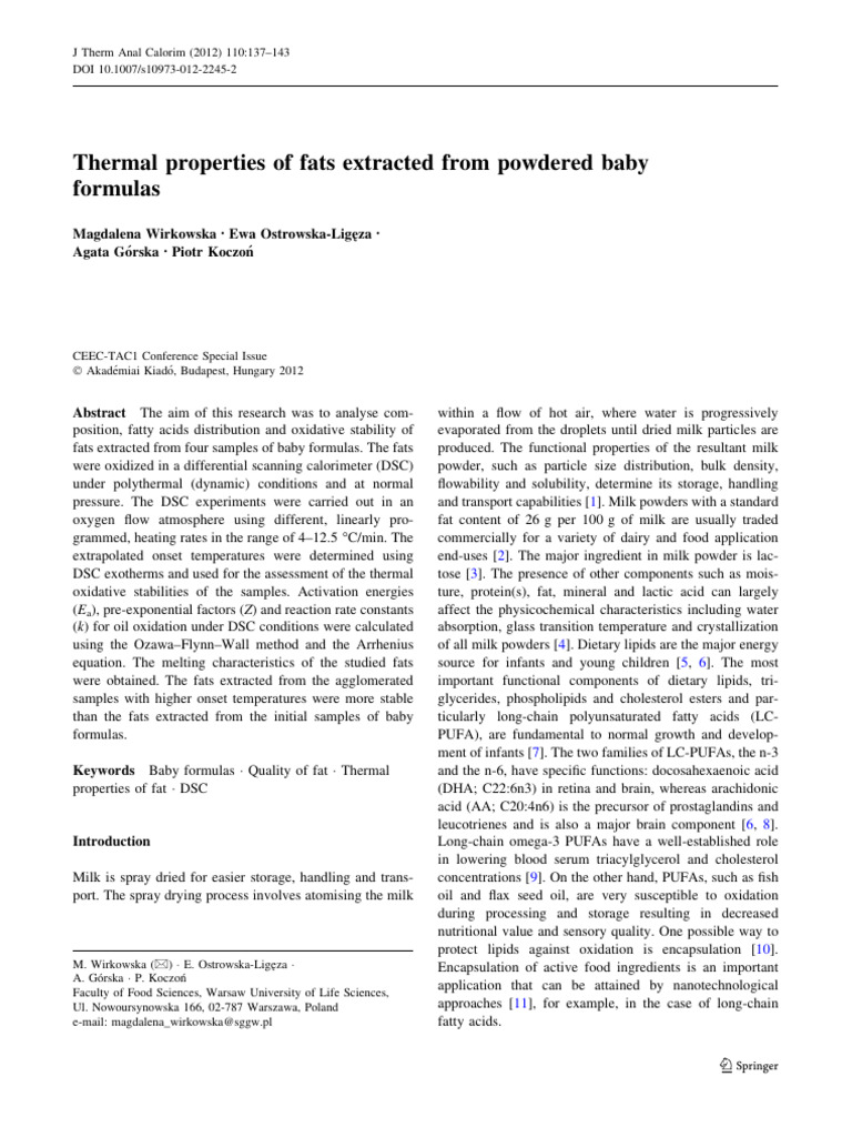 Thermal Properties of Fats Extracted From Powdered Baby Formulas | PDF