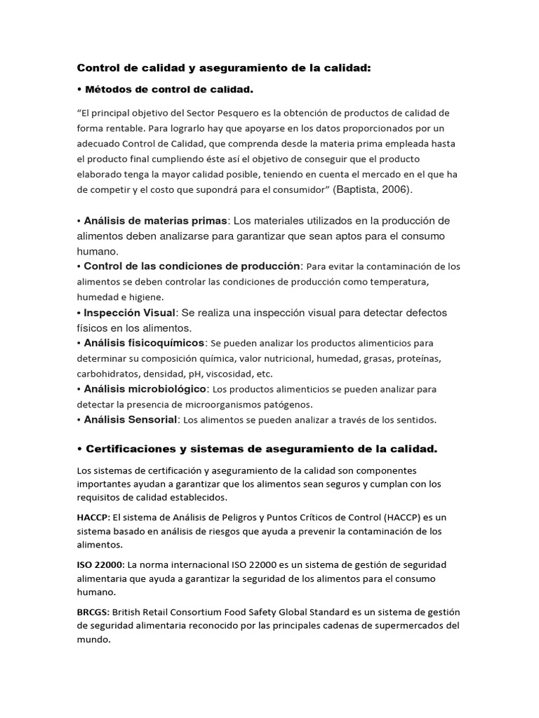 Control y Aseguramiento de Calidad Alimentaria | PDF