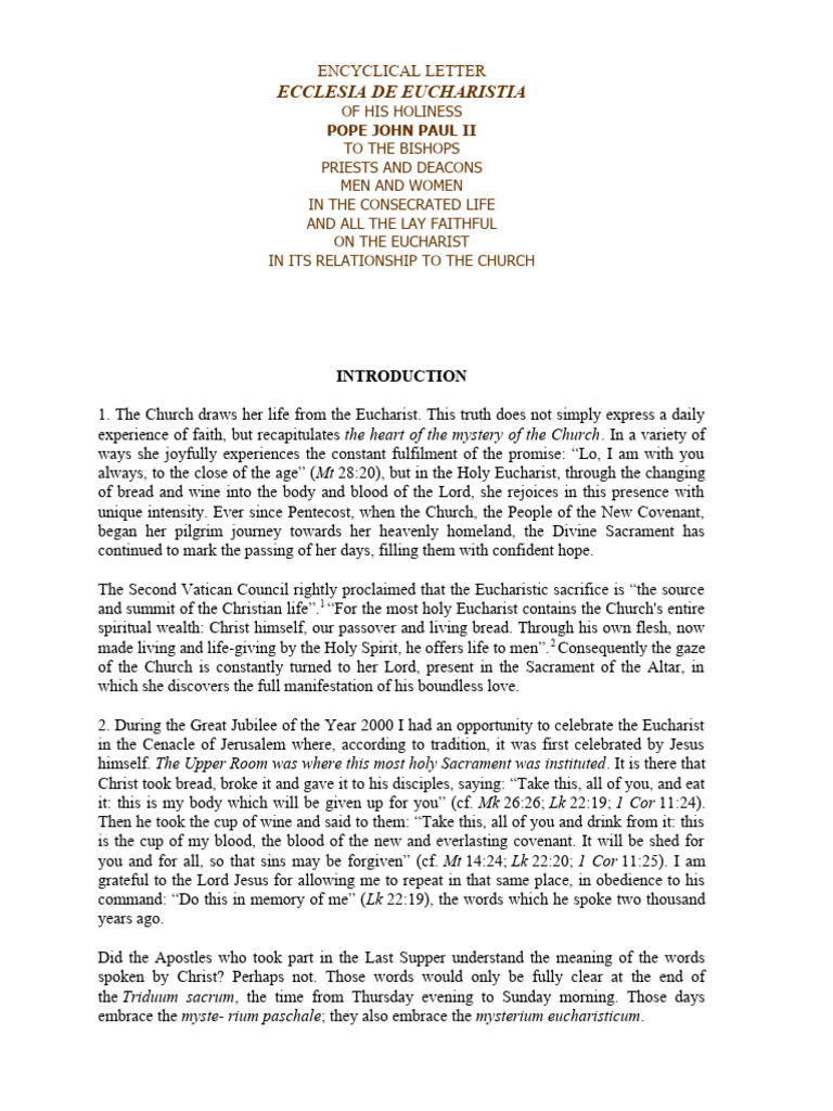 Ecclesia De Eucharistia Pdf Eucharist Catholic Church