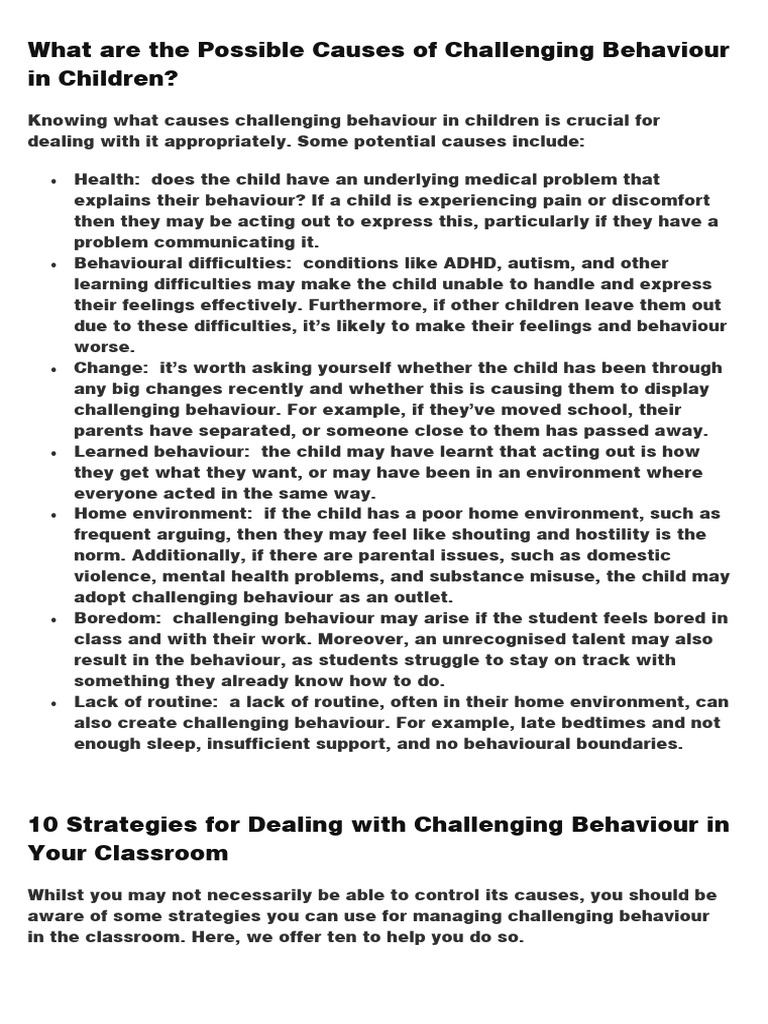 What are the possible causes of challenging behaviour in children pdf