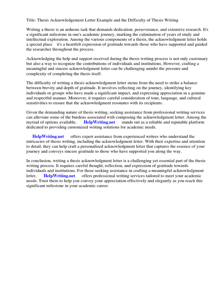 Thesis Acknowledgement Letter Example | PDF | Thesis | Gratitude