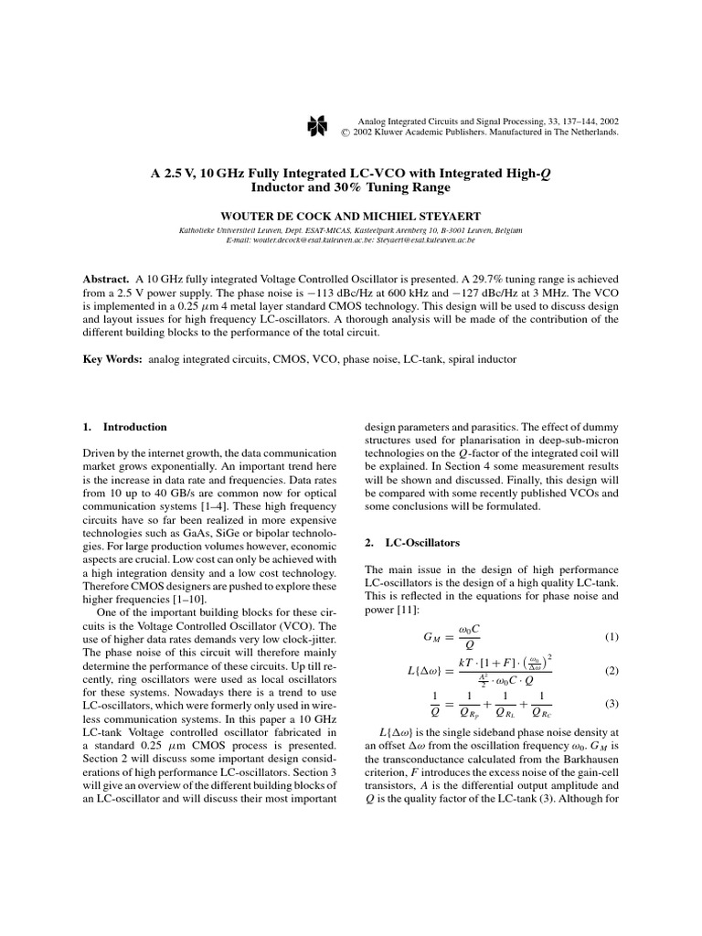 A 2.5 V, 10 GHZ Fully Integrated LcVco With Integrated HighQ Inductor