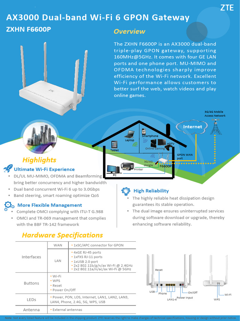 ONT DUAL BAND WIFI 6 ZXHN F6600P Datasheet | Download Free PDF | Wi Fi ...