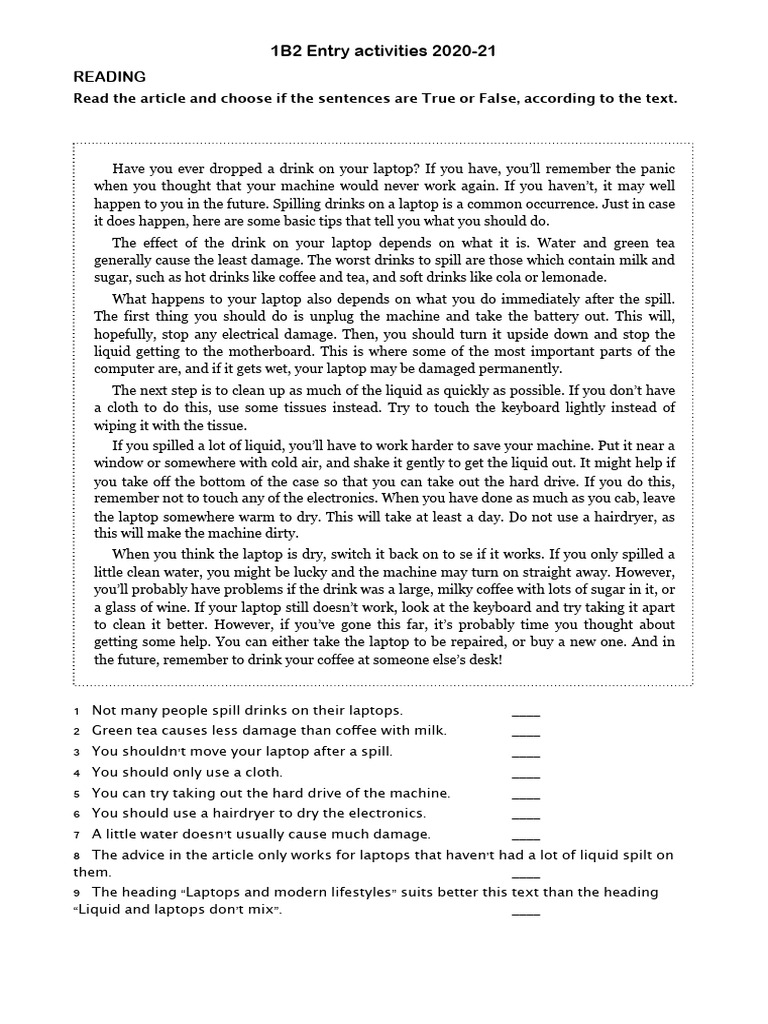1B2 Entry Activities 20-21 - Read, List, Voc | PDF | Laptop | Drink