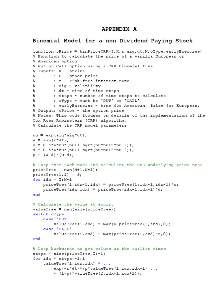 Appendix A: Matlab Code For Binomial Model For A Non-Dividend Paying ...