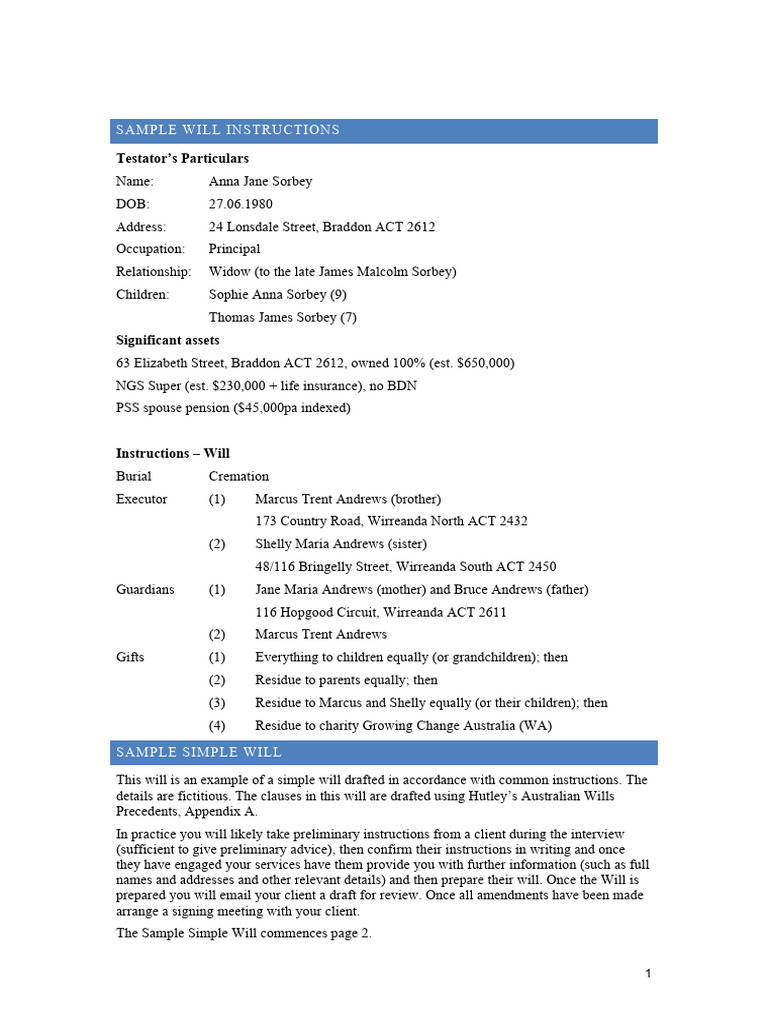 Sample Simple Will Instructions | PDF | Will And Testament | Lease