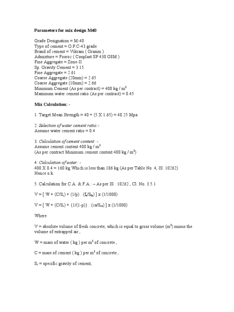 M40 Grade Concrete Mix Design Parameters and Test Results PDF