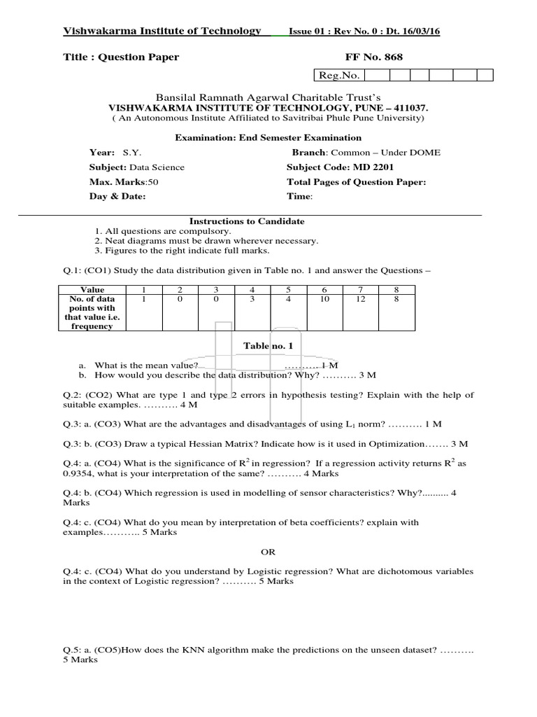 Data Science Exam Questions - VIT Pune | PDF | Statistical ...