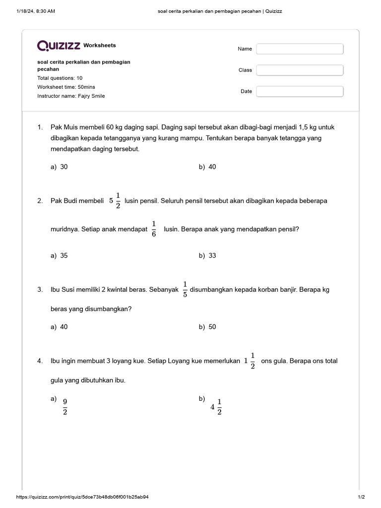 Soal Cerita Perkalian Dan Pembagian Pecahan Quizizz Pdf